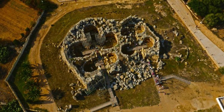 Aerial view over the ancient megalithic complex of Ggantija.