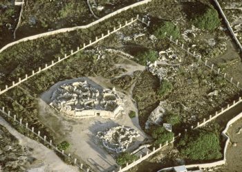 An old aerial photograph of the Hagar Qim Megalithic complex.