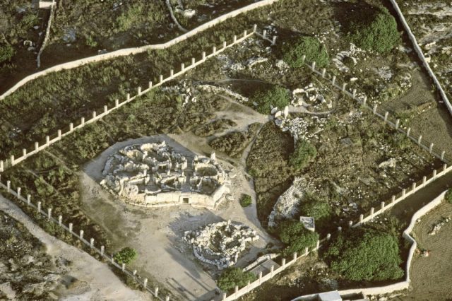 An old aerial photograph of the Hagar Qim Megalithic complex.