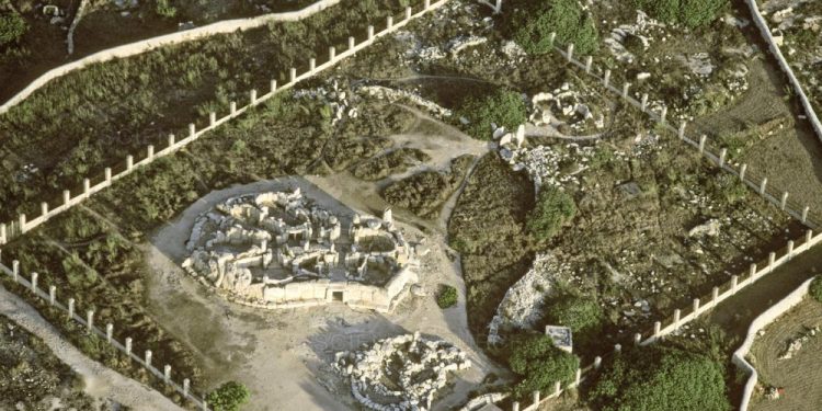 An old aerial photograph of the Hagar Qim Megalithic complex.