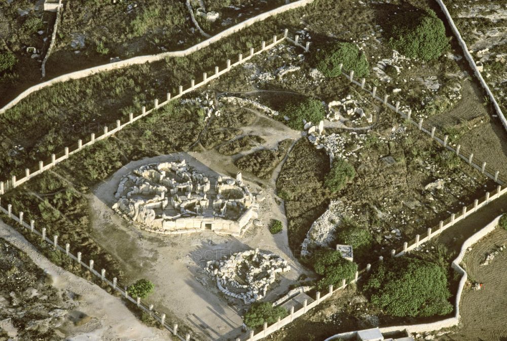 An old aerial photograph of the Hagar Qim Megalithic complex.
