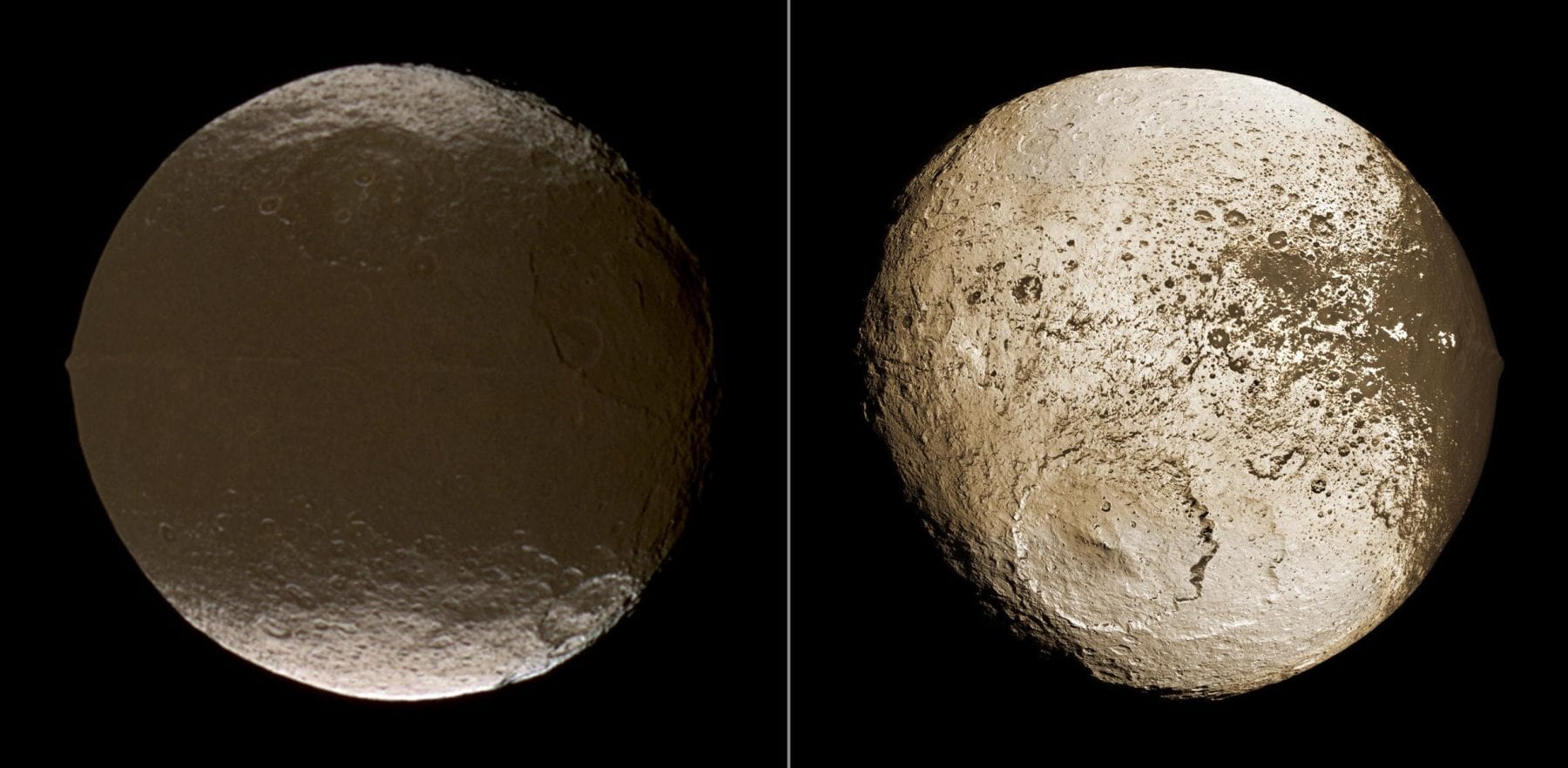 Both hemispheres of Iapetus. Source: NASA