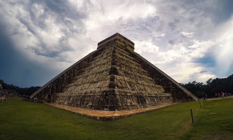 Fish Eye view of the pyramid at Chichen Itza. Jumpstory.