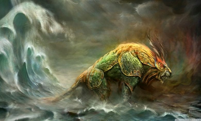 An illustration of the ancient Chinese mythological beast called Nian. You can read about it below.