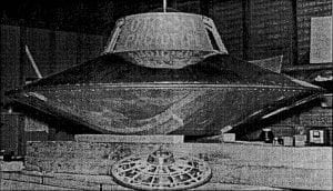 The alleged flying saucer of Otis Carr, powered by his mysterious antigravity technology, that was supposed to fly to the moon.