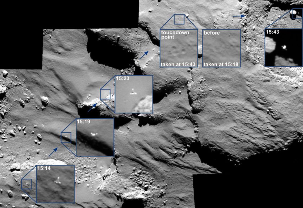 Images by the OSIRIS imaging system showing how the Philae space probe rebounded from the soft surface of the comet.