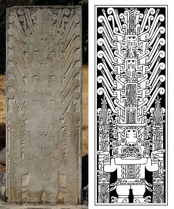 On the left - the original Raimondi stele as found in Chavin de Huakar. On the right, a drawing presenting how it should have looked in ancient days. Source: Khan Academy