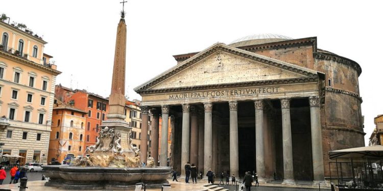 The Macuteo Obelisk in front of the Pantheon in Rome, one of the eight ancient Egyptian obelisks standing tall today in Rome alone.