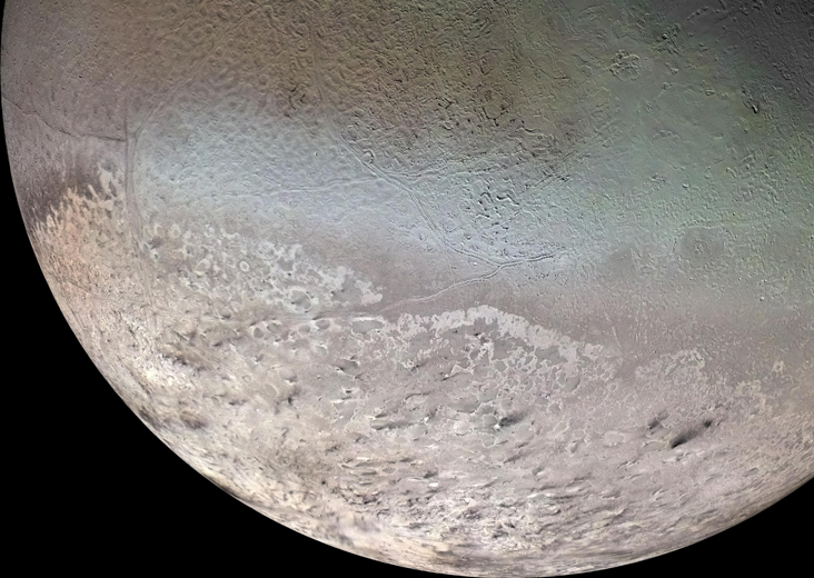 The beautiful but strange moon Triton, full of active cryovolcanoes. Source: NASA