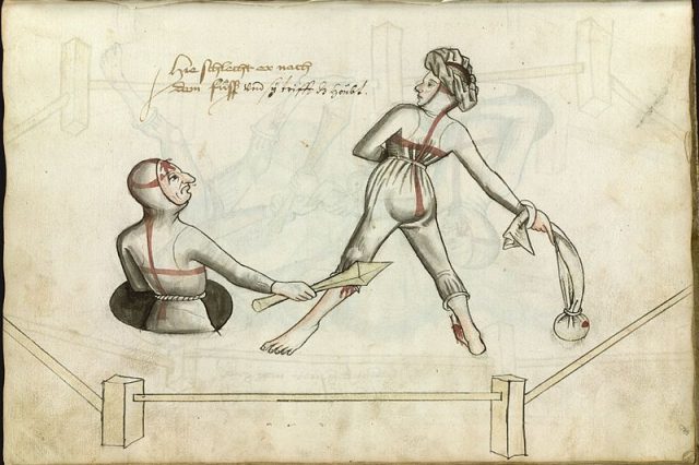 Depiction of a marital duel from Hans Talhoffer's fencing manual from 1459. Credit: Wikipedia