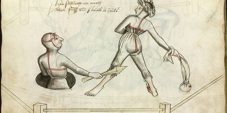 Depiction of a marital duel from Hans Talhoffer's fencing manual from 1459. Credit: Wikipedia