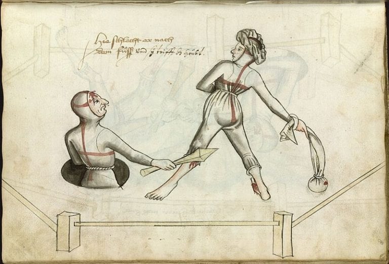 Depiction of a marital duel from Hans Talhoffer's fencing manual from 1459. Credit: Wikipedia