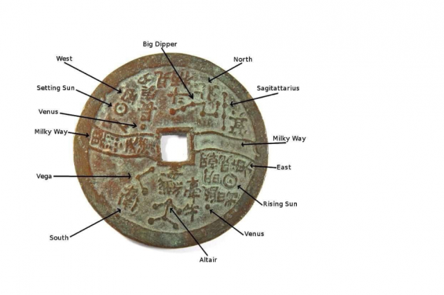 An image with a description of the ancient Chinese astro coin. Image Credit: Primaltek.