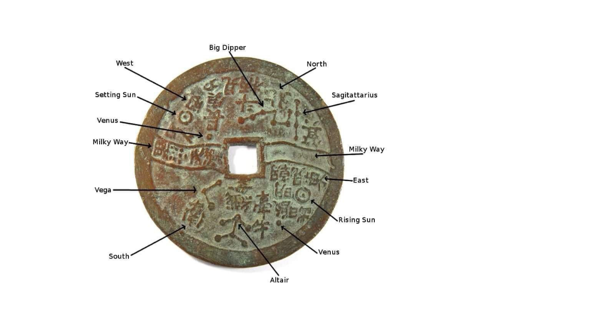 An image with a description of the ancient Chinese astro coin. Image Credit: Primaltek.