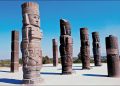 The massive statues of the Toltec Warriors holding the curious Handbags of the Gods. Where else has this motif been found? Credit: Britannica