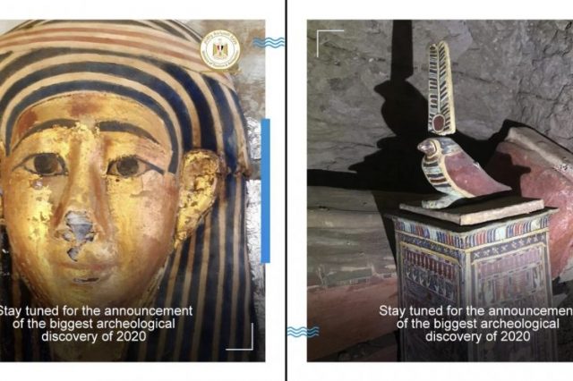 A collage showing two discoveries recently made by archeologists at Saqqara. Image Credit: Egyptian Ministry of Tourism and Antiquities.