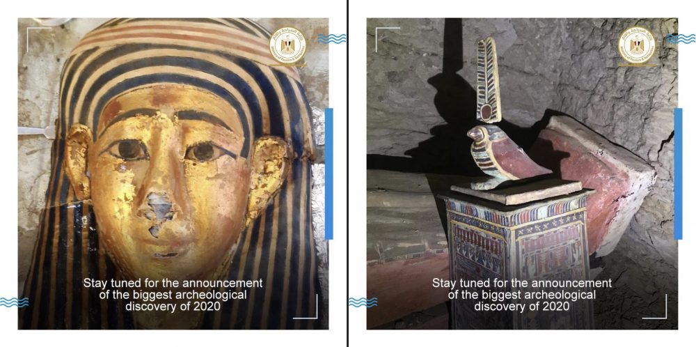 A collage showing two discoveries recently made by archeologists at Saqqara. Image Credit: Egyptian Ministry of Tourism and Antiquities.