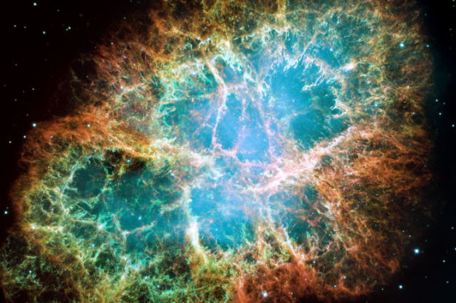 A mosaic image of the Crab Nebula, remnant of an old supernova explosion or otherwise said, a powerful source of cosmic radiation. Credit: NASA, ESA, J. Hester and A. Loll/Arizona State University