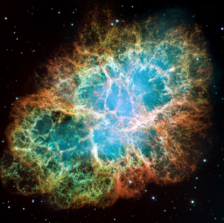 A mosaic image of the Crab Nebula, remnant of an old supernova explosion or otherwise said, a powerful source of cosmic radiation. Credit: NASA, ESA, J. Hester and A. Loll/Arizona State University