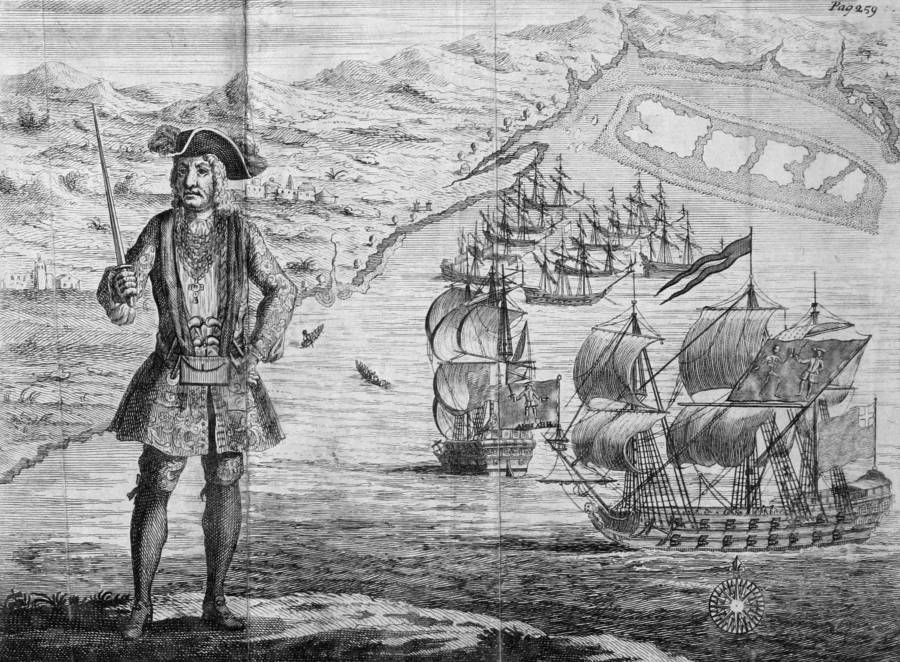 An old sketch of pirate Bartholomew Roberts in front of his two ships. Credit: All That's Interesting