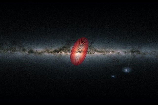 This is how the Milky Way looks from Earth. The middle section circled in red is where the fossil galaxy Hercules is located. Credit: Danny Horta-Darrington (Liverpool John Moores University), ESA/Gaia, and the SDSS