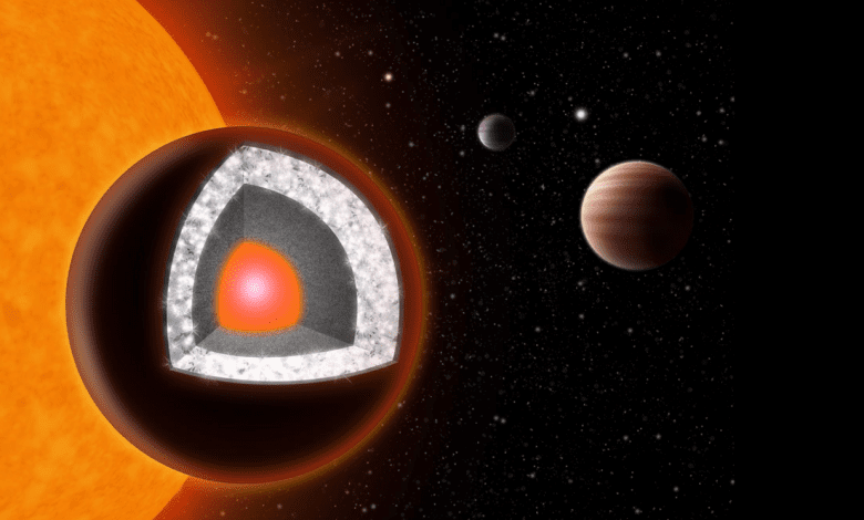 An illustration of 55 Cancri e shows a surface of mostly graphite surrounding a thick layer of diamond. Source: HAVEN GIGUERE, YALE