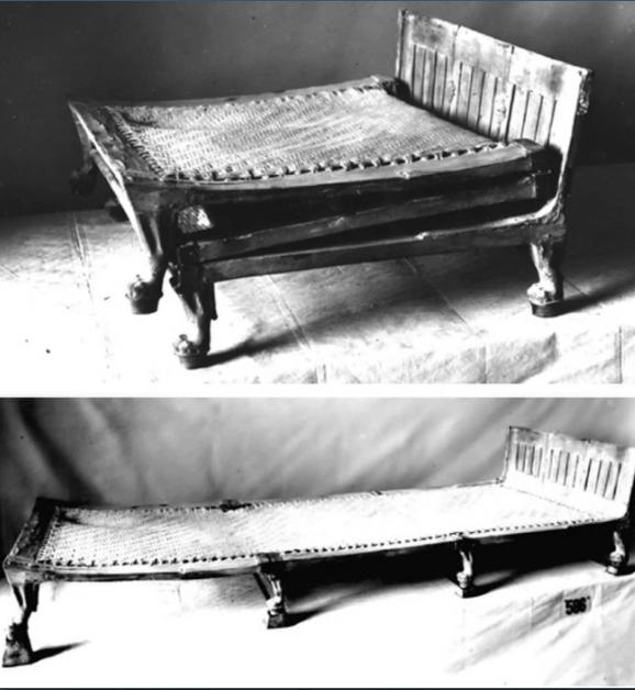 Tutankhamun's triple folding bed folded and unfolded. Credit: Griffith Institute/University of Oxford