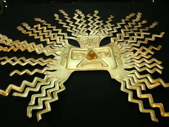 A gold-sheet mask depicting the Inca god Inti. Credit: National Museum, Quito, Ecuador