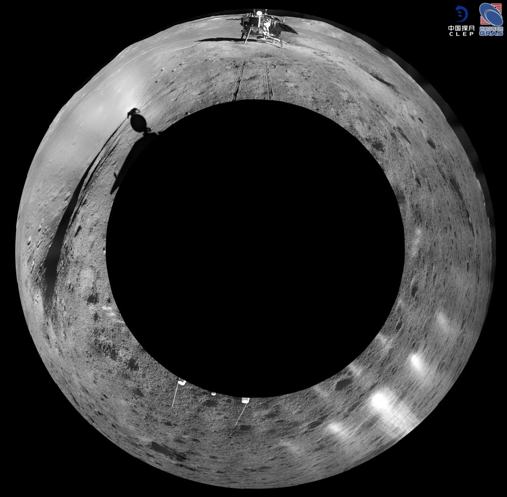 This incredible 360-degree circular panorama from the far side of the moon clearly shows the lander, the rover's shadow, and the impact crater. Credit: Credit: CLEP/ Lunar and Planetary Multimedia Database