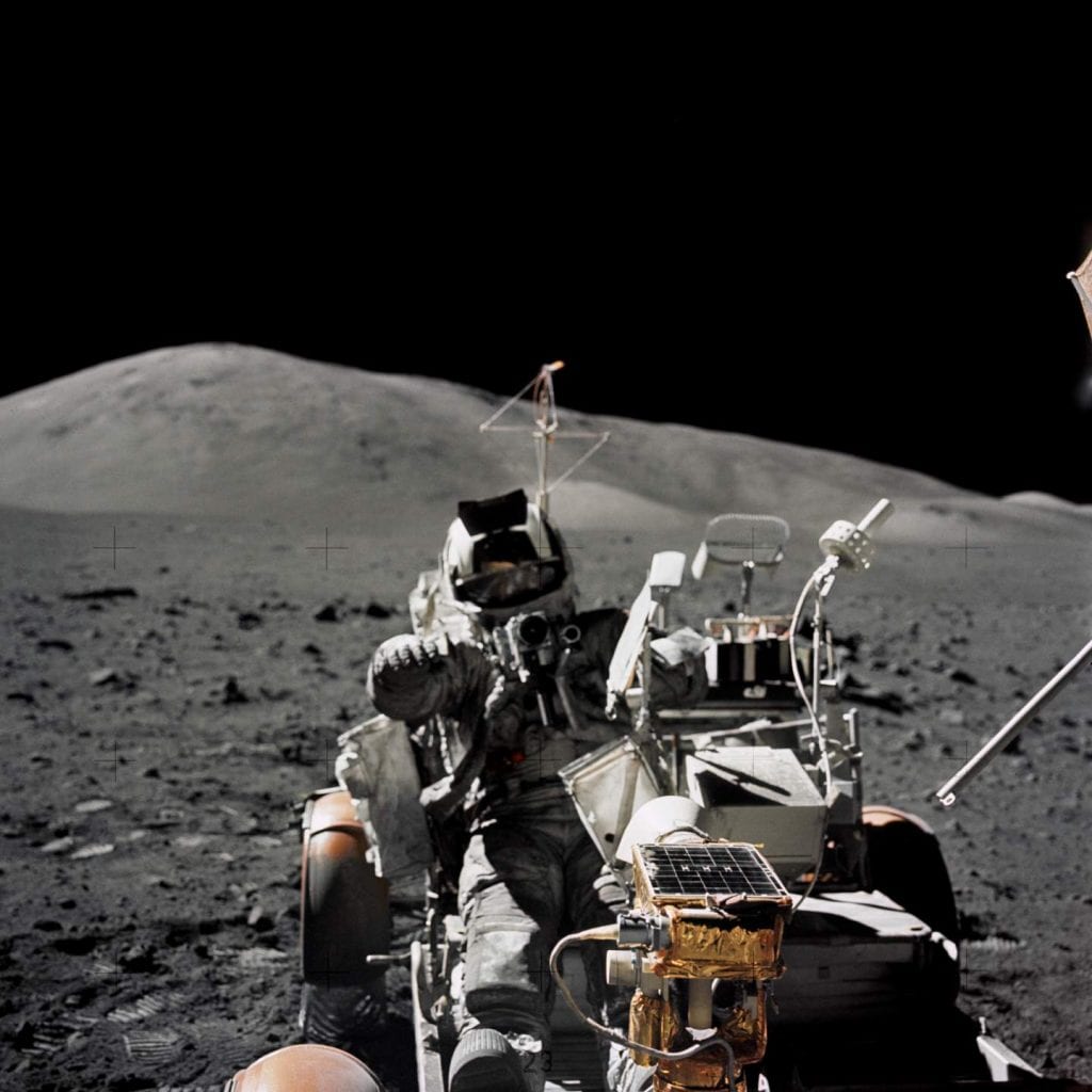 Image from the last Moon landing during Apollo 17 and Scientist-astronaut Harrison H. Schmitt seated on the Lunar Roving Vehicle (LRV) which he drove for 32 miles on the lunar surface. Credit: Smithsonian National Air and Space Museum / NASA