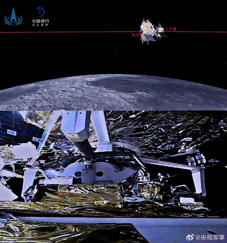 This shows on-screen CGI of the docked Chang'e ascent and orbiter spacecraft, and below the actual gripping arm and bar mechanism activated. CNSA/CLEP