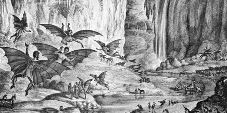 This lithograph "depicting" the Great Moon Hoax was published in the Sun in 1835. Credit: Wikipedia