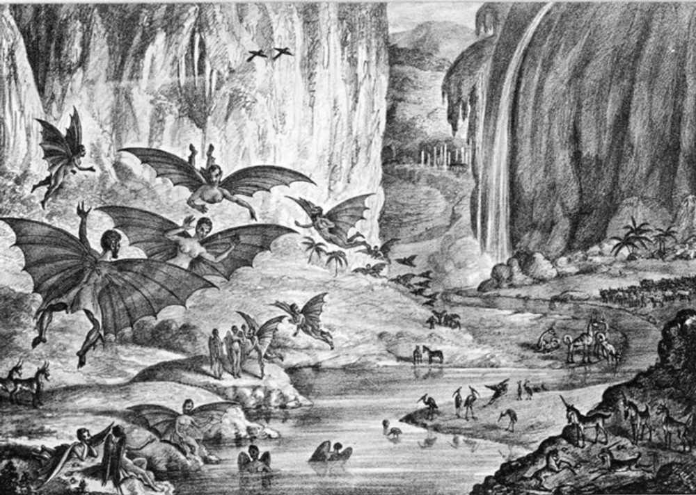 This lithograph "depicting" the Great Moon Hoax was published in the Sun in 1835. Credit: Wikipedia