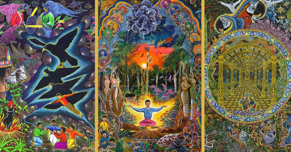 Three other paintings of ayahuasca visions by the same painter. Ayahuasca contains DMT. Credit: Pablo Amaringo 