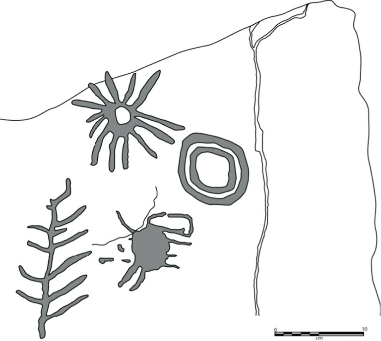 An illustration showing the hieroglyphs etched on the surface of the rock. According to researchers, the circular sign at the end is the place name sing. Image Credit: David Sabel.