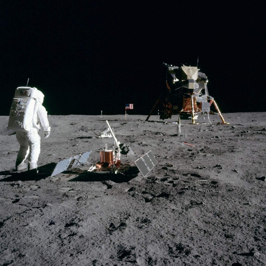 Moon Photo of Buzz Aldrin next to the Passive Seismic Experiments Package used to extract soil samples during the Apollo 11 mission. Credit: Smithsonian National Air and Space Museum / NASA