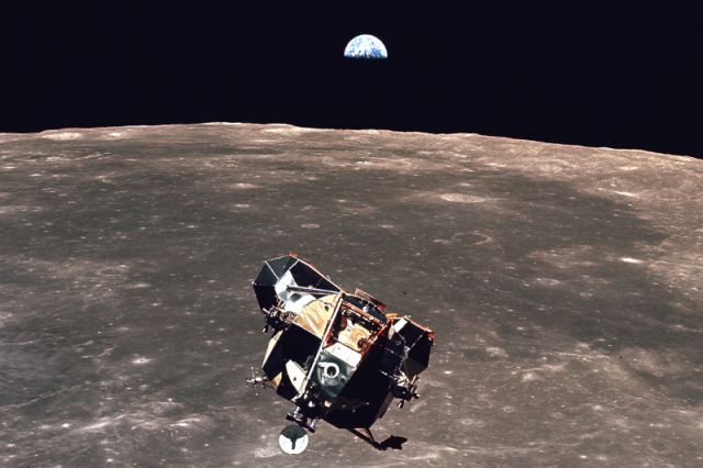 This photo from the legendary Apollo 11 mission to the Moon was snapped by astronaut Michael Collins as the "Eagle" lunar module was returning to the spaceship. Credit: NASA