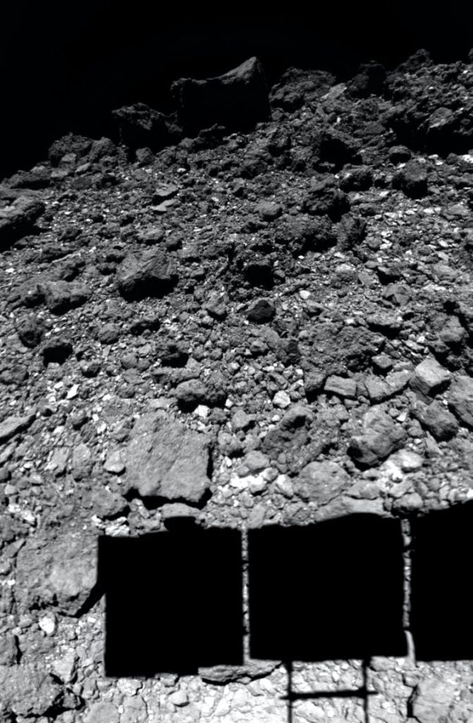 A photograph of asteroid Ryugu moments before Hayabusa2 landed for samples. Credit: JAXA/U. Tokyo/Kochi U./Rikkyo U./Nagoya U./Chiba Inst. Tech./Meiji U./U. Aizu/AIST, CC BY-SA