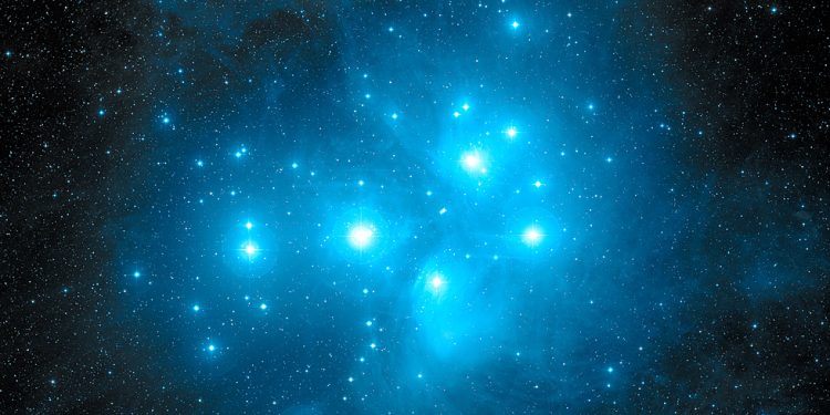 The Pleiades Star Cluster, subject of countless myths and legends from time immemorial. Credit: Caltech, Palomar Observatory, Digitized Sky Survey