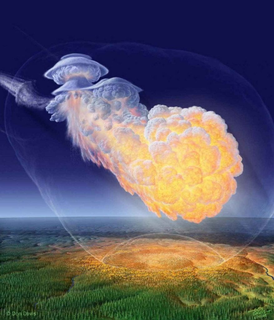 Artistic impression of the Tunguska meteorite based on eyewitness reports. Of course, the whole Tunguska Event may or may not have been a meteorite after all. Credit: Don Davis