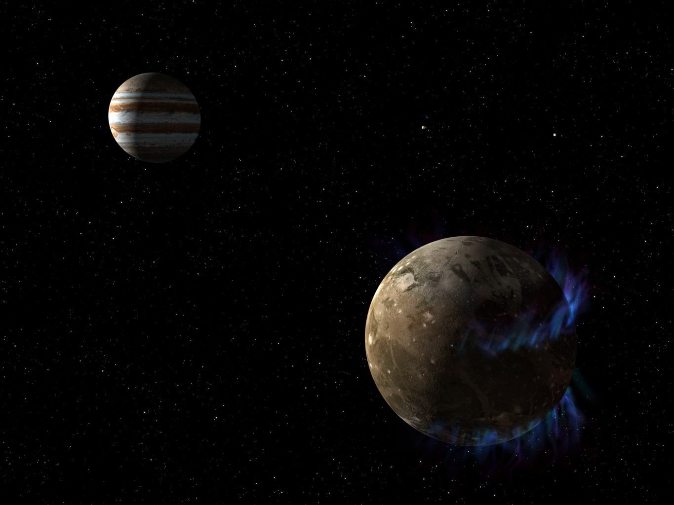 Artist's concept of Jupiter and its largest moon Ganymede. The moon's auroral belts have also been illustrated in blue. Credit: NASA