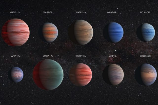 Artistic take on ten Hot Jupiters. Despite their proximity to their stars, they vary in color or at least this is what scientists believe. Credit: ESA/Hubble & NASA