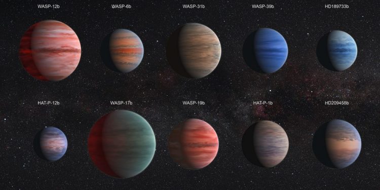 Artistic take on ten Hot Jupiters. Despite their proximity to their stars, they vary in color or at least this is what scientists believe. Credit: ESA/Hubble & NASA