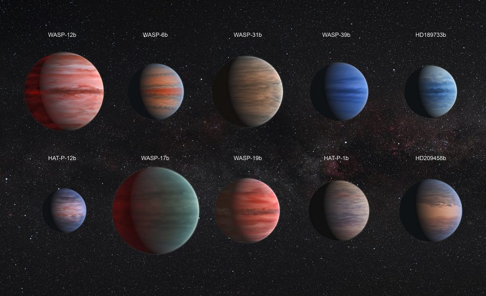Artistic take on ten Hot Jupiters. Despite their proximity to their stars, they vary in color or at least this is what scientists believe. Credit: ESA/Hubble & NASA