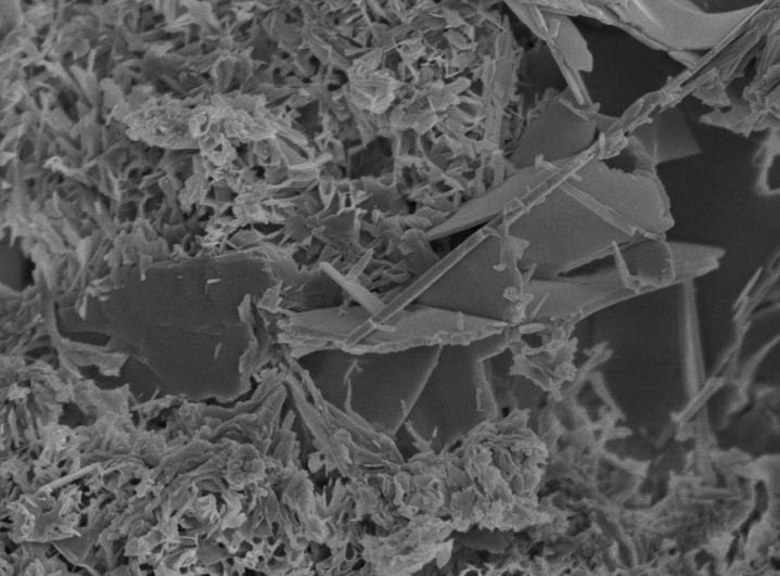 Aluminous tobermorite crystals discovered in the concrete walls of the nuclear plant suggest the same strengthening effect seen in ancient Roman concrete. Credit: Ippei Maruyama, Nagoya University, and Chubu Electric Power Co.