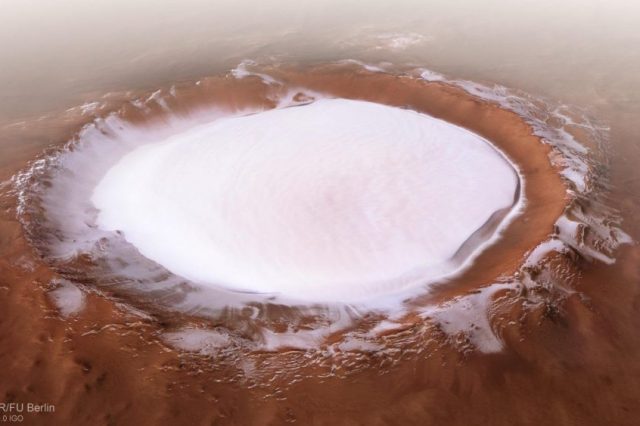 The massive glacier within the Korolev Crater on Mars. The latest research on Martian glaciers has revealed that Mars has gone through many ice ages in the past 300-800 million years. Credit: ESA/DLR/FU Berlin