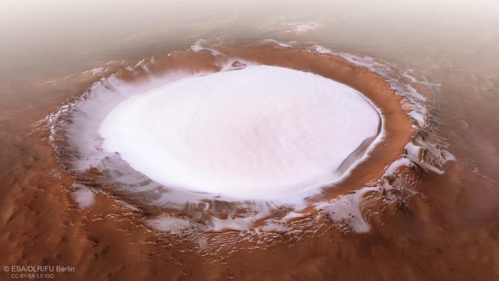 The massive glacier within the Korolev Crater on Mars. The latest research on Martian glaciers has revealed that Mars has gone through many ice ages in the past 300-800 million years. Credit: ESA/DLR/FU Berlin