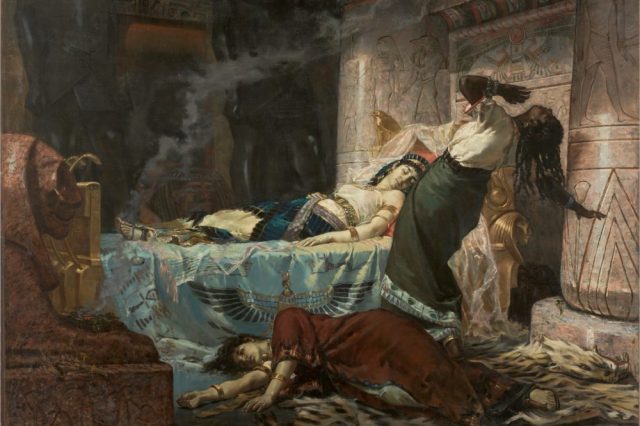 "The Death of Cleopatra", a 1881 painting by Juan Luna. We can safely say that her death was a result of the disastrous game of propaganda between Octavian and Mark Antony. Credit: Wikimedia Commons