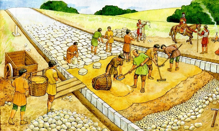 In this illustration we also see a Roman surveyor using a Groma in the back during road construction. Credit: Pikabu