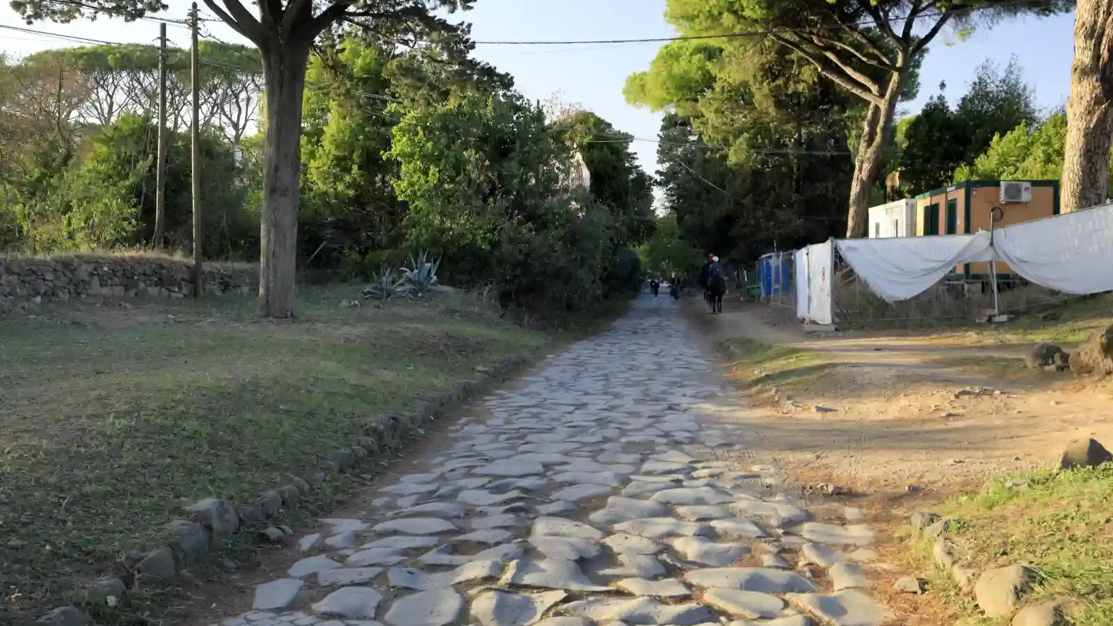 Worn stone paving along the Appian Way near Rome, with trees lining the road.